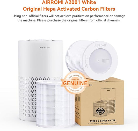AIRROMI A2001 HEPA Air Purifier Replacement Filter, 3-In-1 Original Filter, Remove 99.97% of 0.3 Micron Particle 2 Pack White Activated Carbon
