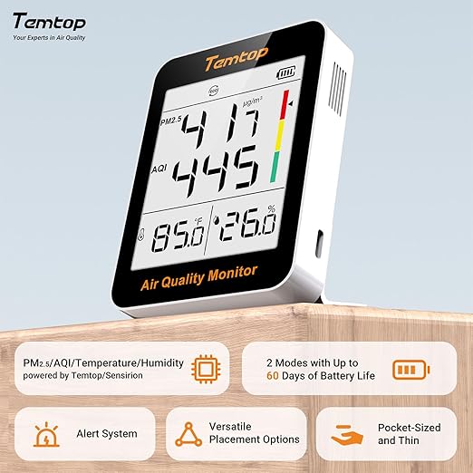 Temtop Air Quality Monitor with Indoor Thermometer & Thermo-Hygrometer – PM2.5, AQI, Temperature and Humidity Meter for Home, Office, Nursery, School, 60-Day Battery Life