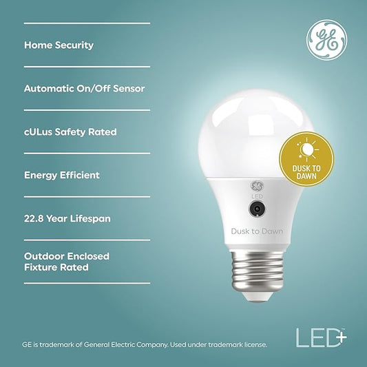 GE LED+ A19 Dusk to Dawn LED Light Bulbs, Automatic On/Off Outdoor Security Light, Soft White (8 Pack)