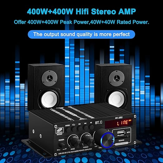 AK-380 USB SD BT.C FM AUX Audio Power Amplifier 2.0 CH 40W+40W HiFi Stereo AMP Speaker Bluetooth 5.0 Amp Receiver with 12V 5A Power Supply,FM Antenna for Car Home Bar Party