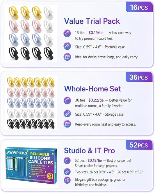 Silicone Cable Ties 16PCS Reusable Cord Organizer for Home Travel | Cord Organizer for Charging Cables, Data Cables & Computer Wires, Multipurpose Elastic Cable Management Straps(colorful)