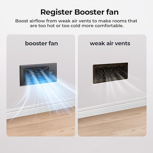 BIOWIND Quiet Register Booster Fan Fits 4" x 10" Register Holes, 10-Speed Smart Heating Cooling AC Vent Fan with Remote Control and Thermostat Control - Black