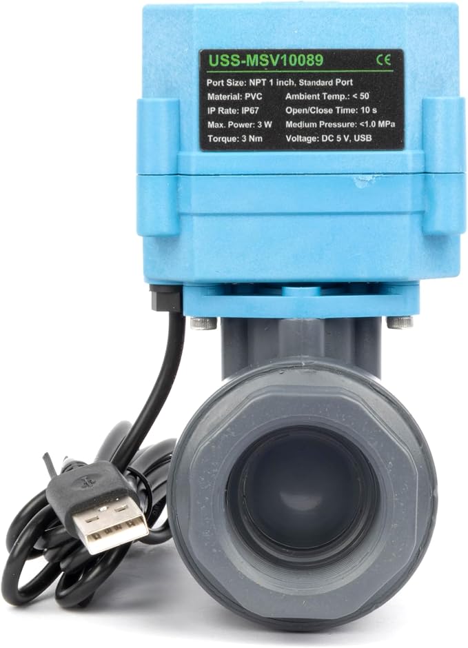 U.S. Solid WiFi Smart Motorized Ball Valve 1 inch NPT for Water Control & Irrigation, 2 Way PVC Electric Valve, USB Powered, LED Status Indicator, Flow Direction Window, Remote On/Off Control