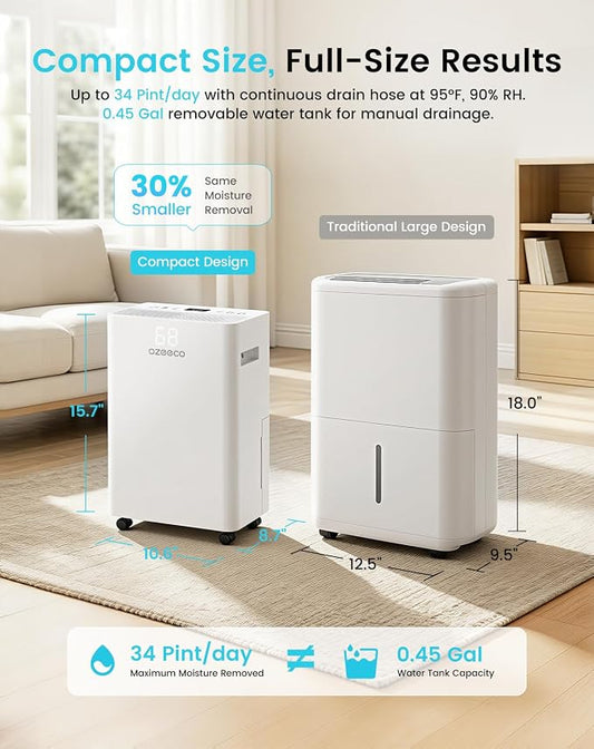 Dehumidifier for Basement up to 2500 Sq.Ft, ozeeco Home Dehumidifier Max 34 Pint/Day, with 0.45 Gal Water Tank, Drain Hose, Ultra Quiet, Child Lock, 24H Timer for Bedroom, Bathroom, RV