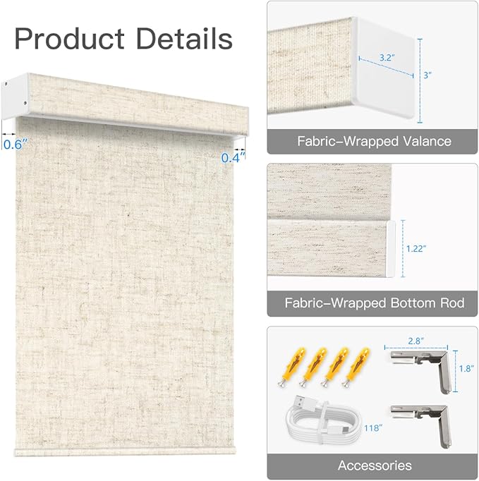 Tokblind Motorized Blackout Roller Shade Fabric Covered Valance and Bottom Rod, Remote Control Electric Window Blind Compatible with Alexa Google via Hub, Custom Size (Texture Beige - Wrapped Fabric)
