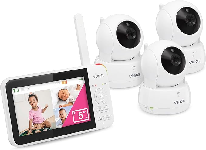 VTech VM924-3 5" Pan Tilt Zoom Video Baby Monitor with 3 Cameras – No WiFi, 17Hr Battery, 1000ft Range, Night Vision & Lullabies – Ideal for New Parents
