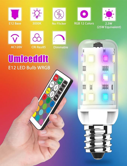 E12 LED Bulb, 25W Equivalent, Warm White/Cold White/RGB 12 Color Changing, CRI 85+, 4 Auto Cycle Modes, Sync & Memory Function, T4 LED Bulb Dimmable, Efficient 2.5W, AC 120V (E12, 2 Pack)