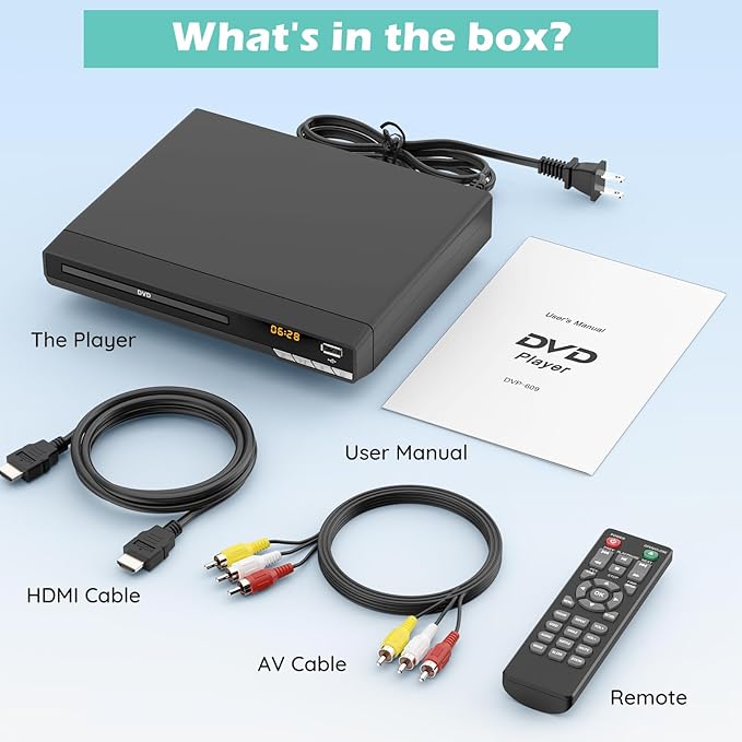 DVD Players for TV with HDMI,Plays All Regions and Formats,CD Players for Home,Support 1080P Video/CD/DVD/VCD/JPEG/USB, Remote, HDMI and RCA Cables Included (2026 New Model)