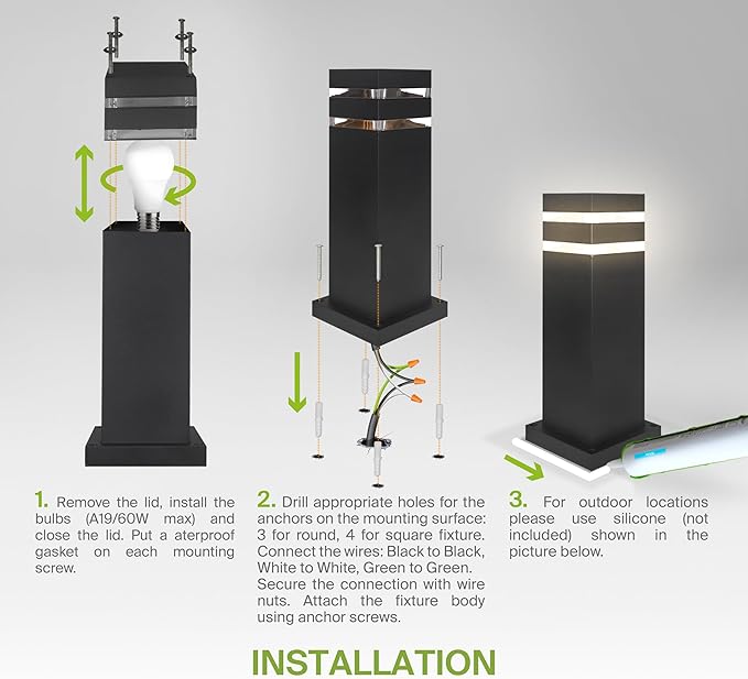 ASD 12" Square Bollard Light Fixture, Outdoor Pathway Floor Lamp | Antiglare, Waterproof, ETL Listed | 60W E26 Bulb Socket 120V | Landscape Hardwired Lighting, Exterior Post Lantern | Black, 4 Pack