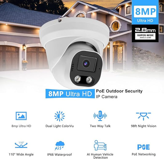 4K 8MP PoE IP Dome Security Camera Outdoor, Full Color Turret IP Camera with Smart Dual Light, Two Way Talk, SD Card Slot, 98ft Night Vision, 110°Wide Angle, Human/Vehicle Detection