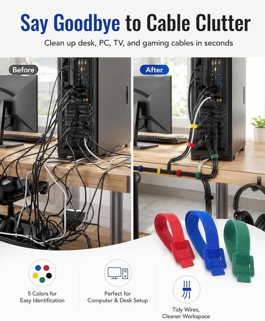 120 PCS 6 Inches Reusable Cable Ties, 5 Colors Adjustable Cord Organizer, Hook and Loop Wire Ties for Cable Management, Multi-Purpose Cord Wraps for Home, Office, and Desk