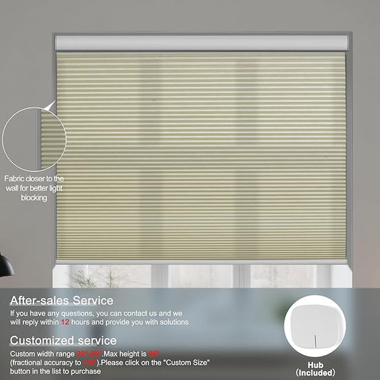 BERISSA Motorized Cellular Shades, Light Filtering Smart Honeycomb Blinds with Remote Control & Hub, Custom Room Darkening Automatic Cellular Window Blinds for Home Office, Living Room, Door,Beige
