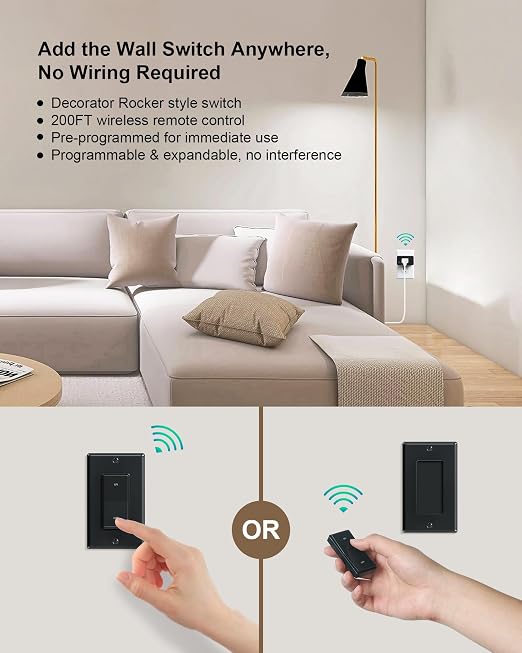 Remote Control Outlet Plug with Decorator Rocker Wall Switch,Black