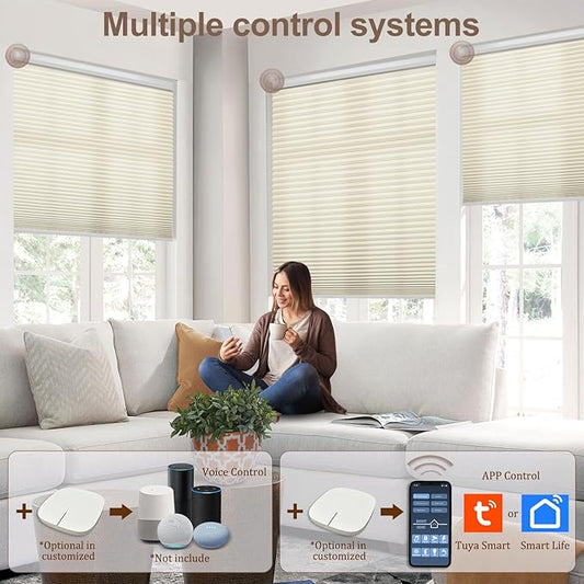 Godark Motorized Light Filtering Cellular Shades Compatible with Alexa/Google Home Electric Blinds Smart Honeycomb Shades for Windows Automatic Blinds with Remote Custom Size-Beige