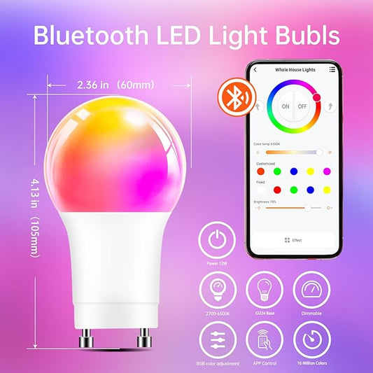 GU24 Smart Led Light Bulbs,4 Pack,A19 12W 1200LM Smart Bluetooth 2 Prong Led Light bulb,Dimmable Music Sync RGBCW Color Changing LED Bulb,2700K-6500K Dimmable ,APP Control(Not Support Alexa)