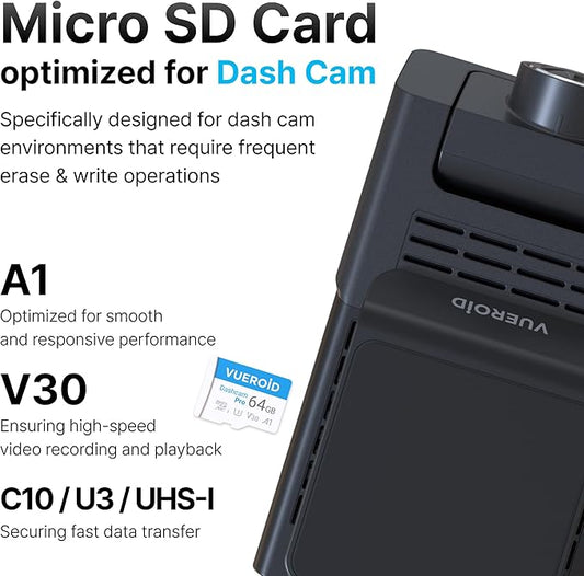 64GB Dashcam Pro microSD Card with Reader Adapter, C10, V30, UHS-I, Class 10, A1, High Speed Memory Card for 4K UHD Video, Read Speed up to 100 MB/s microsdxc