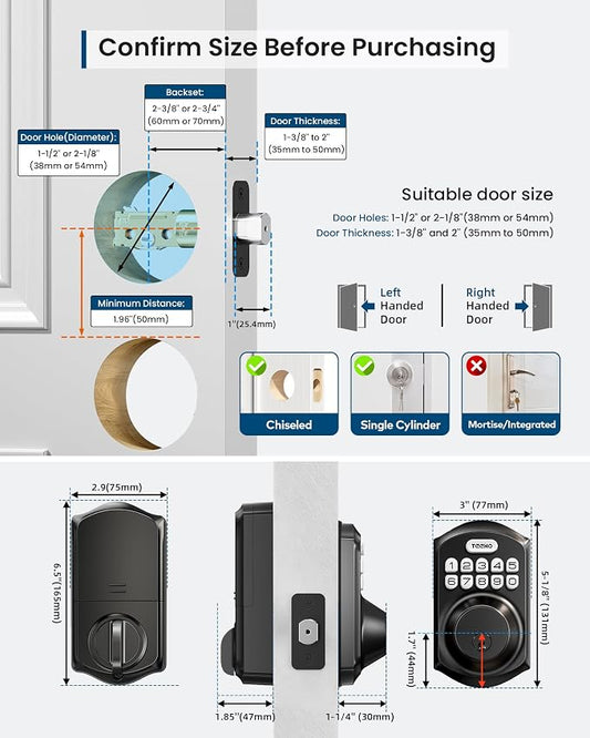 TEEHO TE011W WiFi Keypad Deadbolt, Smart Locks for Front Door, Matte Black