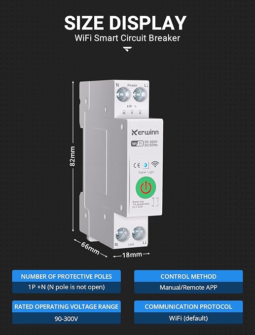 WiFi Smart Circuit Breaker 1P+N, 24-Hour Energy Monitoring, DIN Rail Mount, Smart Life/Tuya APP Remote Control & Voice Control Compatible with Alexa/Google Assistant (1-63A)