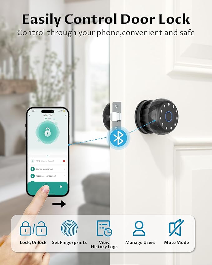 Smart Door Knob with Keyless Entry, Fingerprint Door Lock with Keypad & App Control, Auto Lock, Easy Install, Electronic Door Lock for Bedroom, Apartment, Office