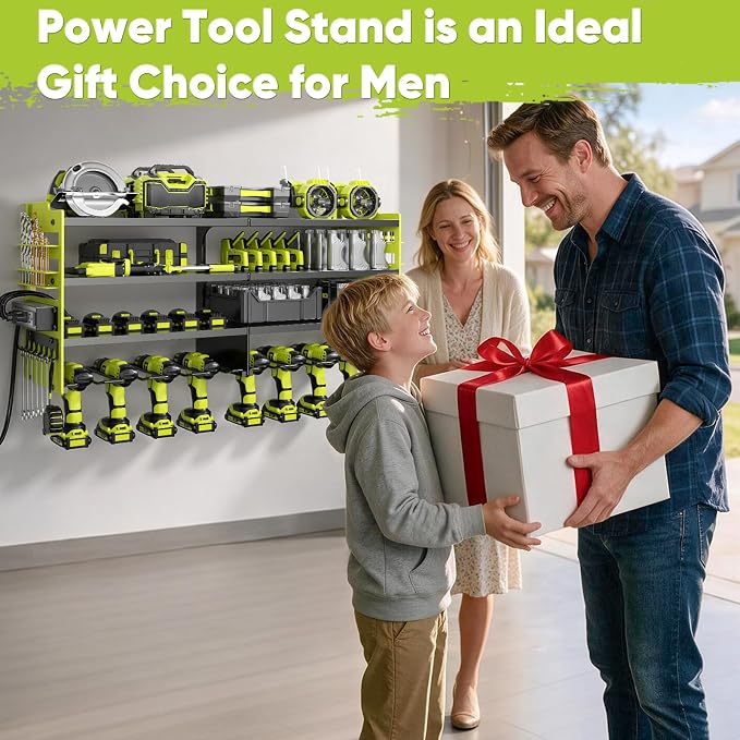 POKIPO Upgrade Power Tool Organizer Wall Mount with Charging Station,4 Layer Heavy Duty Metal Storage Rack Loads 600lbs with 8 Cordless Drill Holder,4 Outlet Power Strip Battery Utility Rack for Man