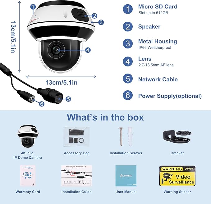 Anpviz UltraHD 4K 8MP PTZ POE IP Camera Outdoor with 5X Optical Zoom, 1/2.8" Sensor Dome Security IP Camera, Two-Way Audio, Human Vehicle Detection, 512GB SD Slot, 100ft IR Night Vision (U Series)