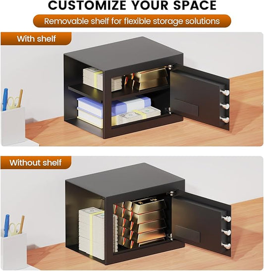 Home Safe Box, Safes with Fireproof Waterproof Bag, 9.84'' H Anti-Theft Digital Security Lock Box with Smart Alert System, Removable Shelf, Mute Function, Document Safes for Jewelry