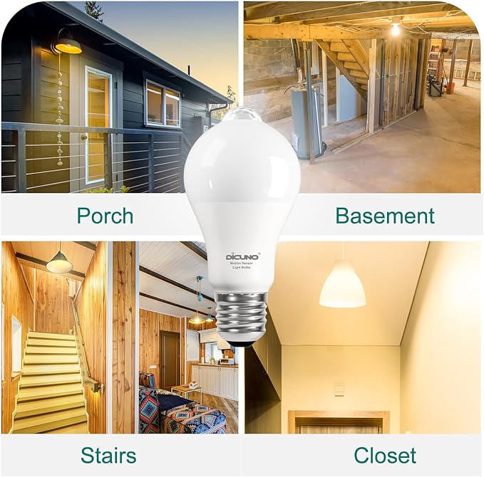 DiCUNO PIR Motion Sensor Light Bulbs, 12W (100W Equivalent) E26 LED Body Motion Sensor Infrared Bulb Auto on/Off, Outdoor/Indoor Light for Front Porch Garage, 1100LM 2700K Warm White, 2 Pack