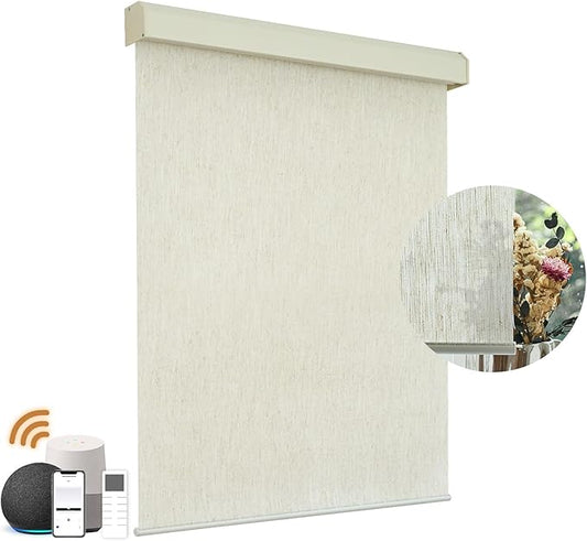 Motorized Light Filtering Roller Shades with Remote Control, Electric Smart Shades Compatible with Alexa and Google, Rechargeable, Customizable Size (Flax Beige White)