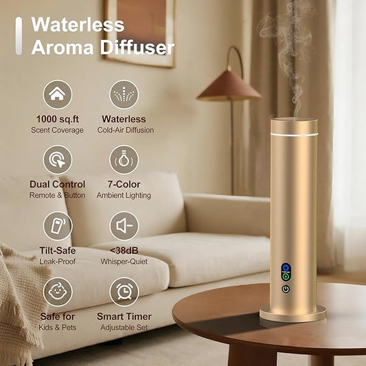 Maromalife Waterless Diffuser, Essential Oil Diffuser, 1000 Sq.Ft Coverage Scent Diffuser β Plug-in Only, Adjustable Mist, Remote, Mood Lights for Home & Office, Large Room, Hotel, Gold
