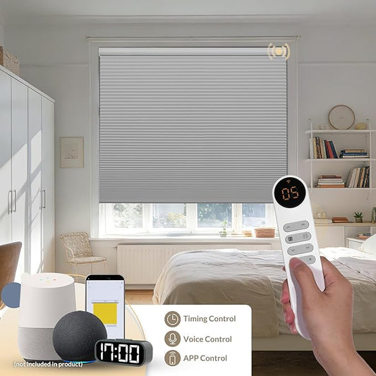 Boolegon No Drill Motorized Cellular Blinds with Remote Motorized Blackout Honeycomb Blinds for Indoor Windows Easy to Install Automatic Cellular Shades for Home,Blackout White,Custom Size