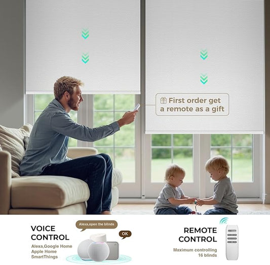 HeyBlinds Motorized Blinds with Remote, 100% Blackout Smart Blinds, Automatic Shades for Windows Compatible with Alexa Google and Homekit, Custom Size(Photo Film-White BO)