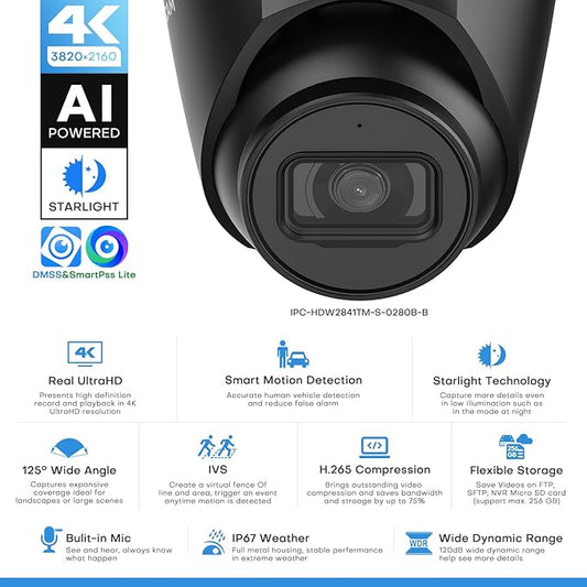 8MP IP Camera, DMSS/SmartPSS Lite, 4K PoE Turret Outdoor Starlight Camera with Mic, Human/Vehicle Detection, IVS, Intrusion Tripwire Alarm, 2.8mm 125°Wide Angle, Metal IP67, H265+, 256GB