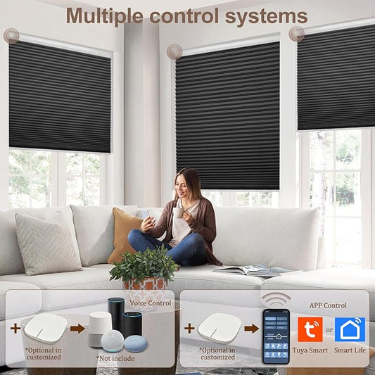Godark Motorized Blackout Cellular Shades Compatible with Alexa/Google Home Electric Blinds Smart Honeycomb Shades for Windows Automatic Blinds with Remote Custom Size-Black