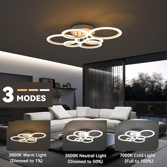 72W 6 Ring LED Ceiling Light Dimmable for Living Bedroom Kitchen | Smart App & Remote Control, 2800K-7000K Adjustable, Modern Flush Mount Ceiling Lamp for Multi-scene Indoor