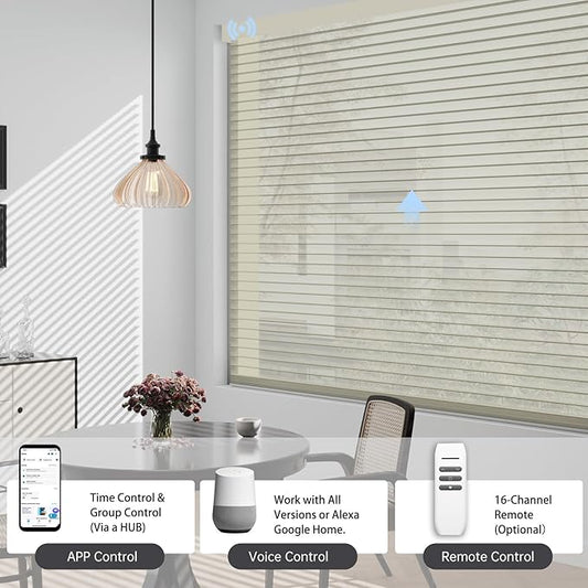 Motorized Sheer Shades with Remote, Automatic Dual-Layered Shades for Windows, Smart Light Filtering Blinds Compatible with Alexa, Custom Size (Light Filtering Drizzle Beige)