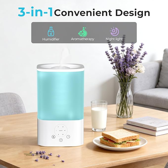 3.2L Cool Mist Humidifiers for Bedroom,Humidifiers for Baby Nursery&Plants,3 in 1,Top Fill,360°Nozzle,Timer,24DB Quiet,BPA Free,Tap to Operate,White
