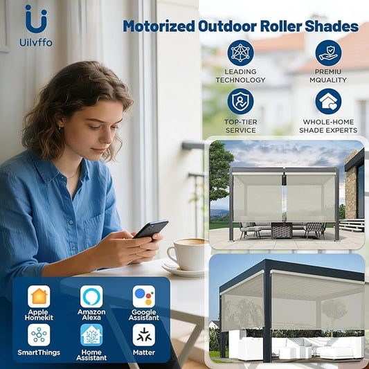 Motorized Outdoor Shades, Custom Patio Roller Blinds with Remote, Smart Exterior Sun Shades Compatible with Alexa, HomeKit, Google Home (3% Openness Beige)