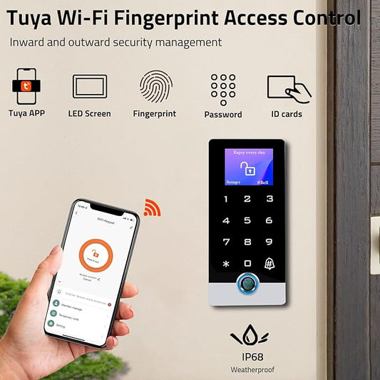 Wireless WiFi TUYA Access Control System with LED Screen/Voice, Fingerprint Password Stand-Alone Door Access Control Keypad, WG26/34 EM Card Reader Access Controller, Full Metal Weatherproof