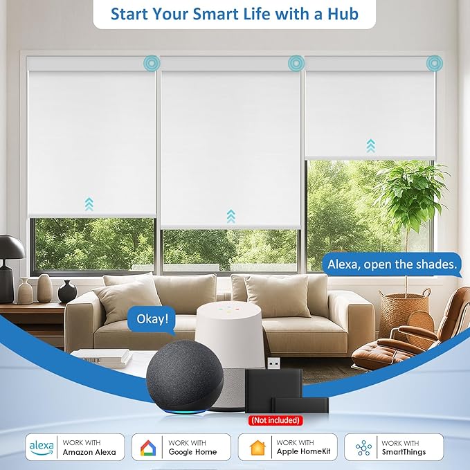 Smart Motorized Blinds with Remote, Cordless No-Drill Automatic Roller Shades, Blackout Electric Blind for Windows, White, 38 x 72