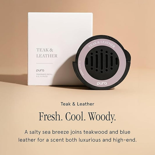 Pura Car Scent Refill - Fragrance for Pura Car Diffuser - Clean & Safe Luxury Diffuser Scent - Long-Lasting Fragrance for 30 Days of Aroma - Teak & Leather