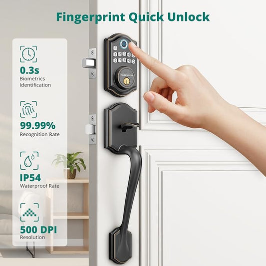 AkaGear DS10 Keyless Entry Door Locks - Keypad Lock with Handle Set, Fingerprint Deadbolt, Smart Locks for Front Doors, Auto-Lock & One Touch Locking, 2 Keys, Easy Installation - Oil Rubbed Bronze