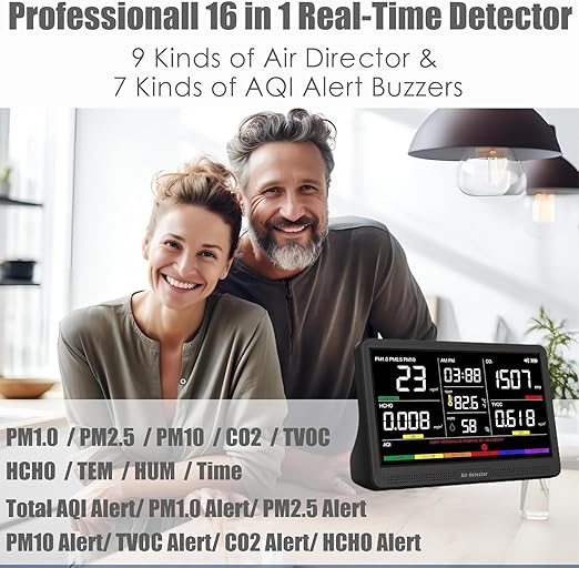 Professional Indoor Air Quality Monitor with 7X AQI Beep Alarms,16 in 1 Portable Real-Time Detector for PM2.5 | PM10 | CO2 | TVOC | HCHO | Temp | Hum for Home Cars Plants Pets (Dark Black)