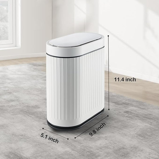 ELPHECO Bathroom Trash Can 2 Gallon Plastic Smart Garbage Can Waterproof Wastebasket Bathroom Decor Narrow Garbage Bin with Automatic lid for Bedroom, Kitchen, Office, White Black