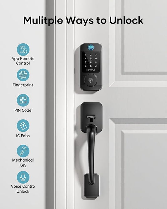 Wi-Fi Front Door Lock Set - HEANTLE Smart Locks for Front Door Built-in WiFi Keyless Entry Deadbolt with Handle Set Fingerprint Smart Electronic Deadbolt, Works with Alexa & Google Assistant Black