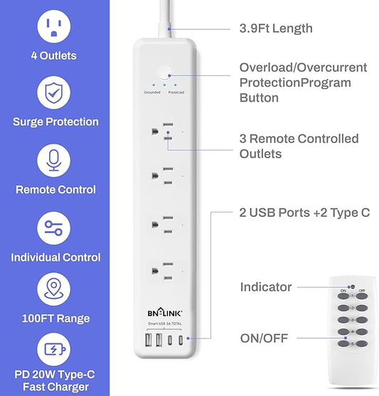 BN-LINK Remote Control Power Strip with 4 Independent Outlets,4 USBs (incl. 20W USB-C), 3.9Ft Extension Cord, 15A/1875W Overload Protection, Wall Mount, for Home, Office, ETL Listed, 1200J