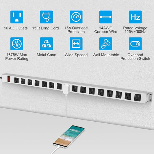 JUNNUJ Metal 16 Outlet Power Strip, Mountable Heavy Duty Power Strip, 1200J Surge Protector Wall Mount Screws Outlet with Switch, Gaming Desk Strips Wide Spaced 15A 125V 1875W, 15 FT 14AWG Power Cord