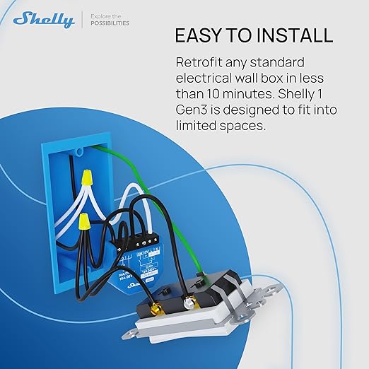 Shelly 1 Gen3, WiFi & Matter Smart Relay Switch with Dry Contacts, 1-Channel 16A, Alexa, Home Assistant, SmartThings & Google Home Compatible, DIY Smart Automation, Garage Door Opener, No hub required
