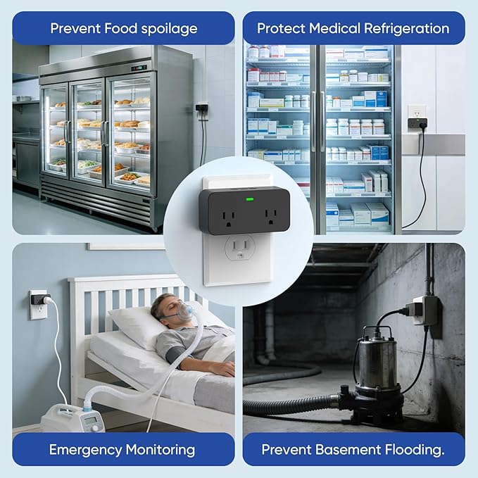 Power Failure Alarm WiFi, Newest Smart Power Outage Alarm with App Remote Cancel Device Alert & Custom Alert Time, 2 Sockets Home Power Loss Alarm for Freezer, GFCI Trips, Sump Pump, Pet Feeder