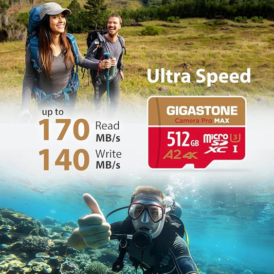 【5-Years Data Recovery】 GIGASTONE 512GB Micro SD Card, 4K Camera Pro MAX, Compatible with Gopro, Dash Cam, DJI, Drone, Security Camera, Speed Up to 170MB/s, UHS-I A2 4K U3 C10, with Adapter