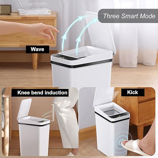 3 PACK - Bathroom Garbage Can with a Lid - 2.5 Gallon Automatic Trash Cans Touchless - Bedroom, Office - Small Smart Trash Can - Plastic, Narrow, Auto Open - Motion Sensor Trash can Bathroom ( White )